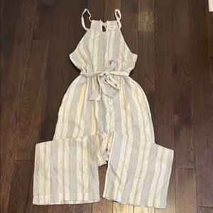 Pact Cream and Blue 100% Organic Cotton Striped Jumpsuit